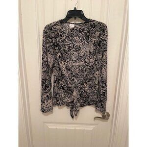 Yvos‎ Black & White Paisley Long Sleeve Blouse WOMEN LARGE 100% Polyester